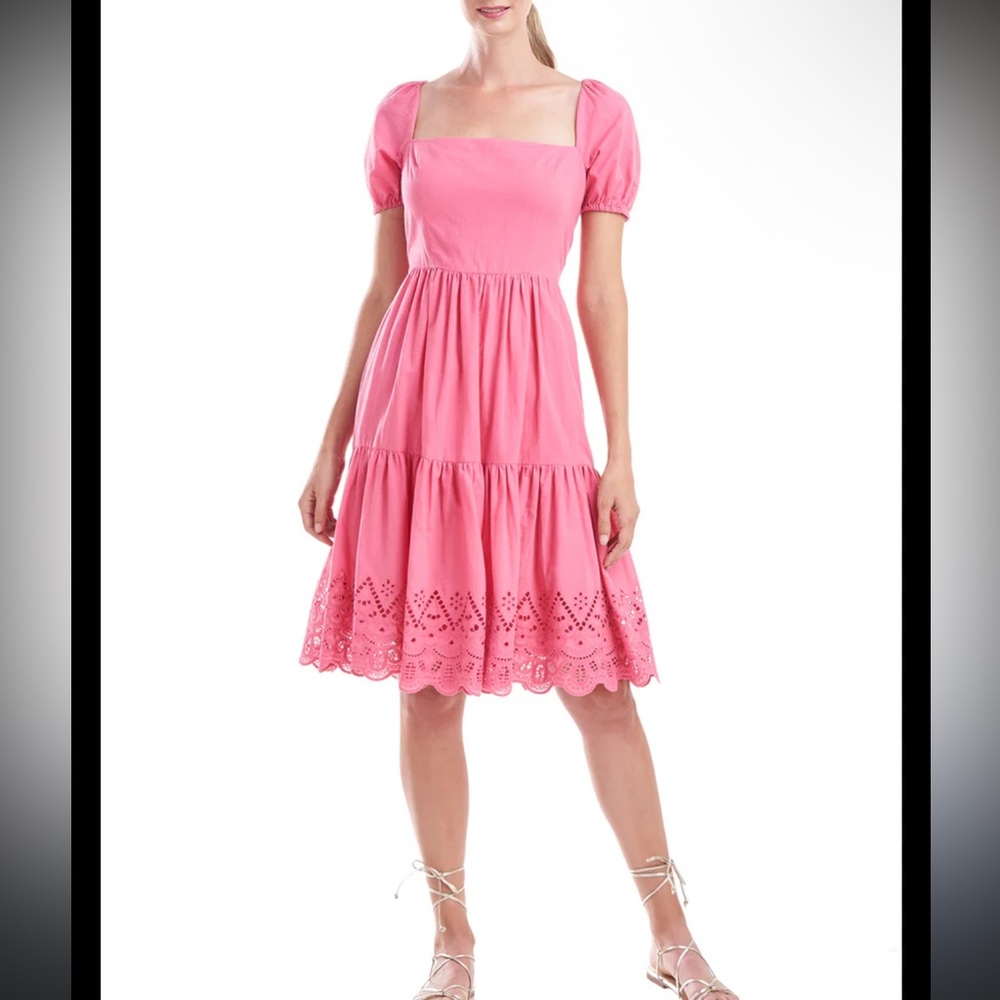 NWT KAY UNGER ERICA STATEMENT SLEEVE DRESS Pink Eyelet Short Sleeve 6‎